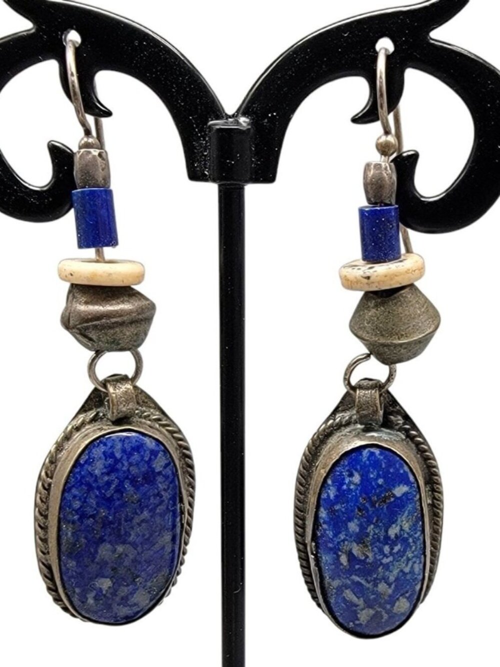 Vtg Afghan Tribal Lapis Lazuli Dangling Hook Earrings Mixed Metal Setting Beaded